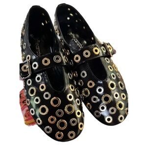 Jeffrey Campbell Black Mary Jane Flats with Gold & Silver Grommets
